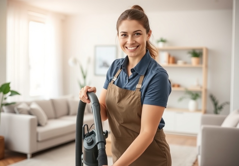 Professional cleaner using vacuum in a clean home