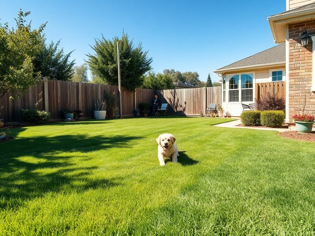 Clean, well-maintained backyard with happy family and dog