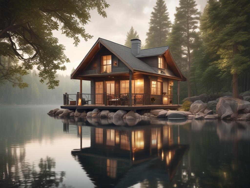 a luxury lakeside cabin surrounded by trees, soft lighting reflecting