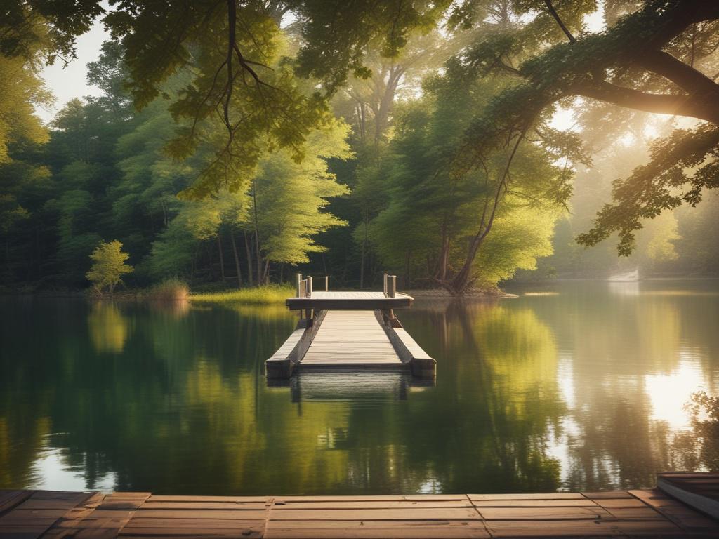 a private dock extending into a serene lake, soft sunlight