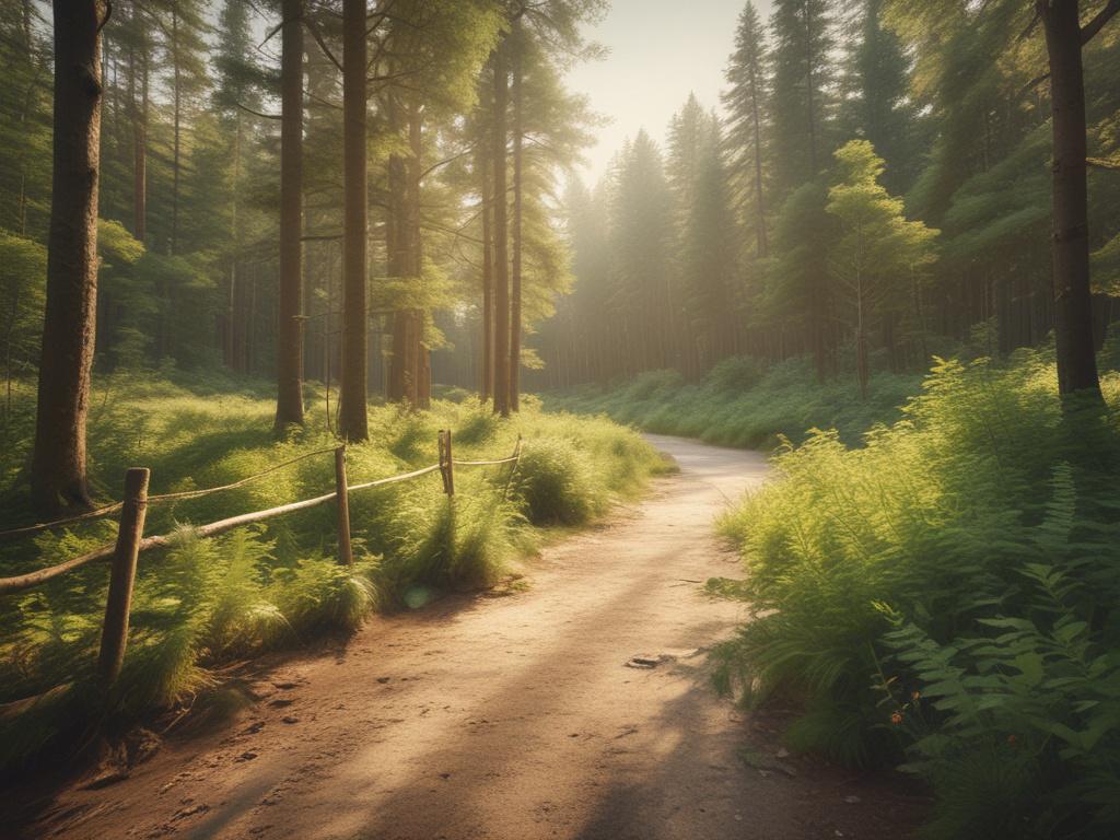 a scenic nature trail surrounded by greenery, soft natural light