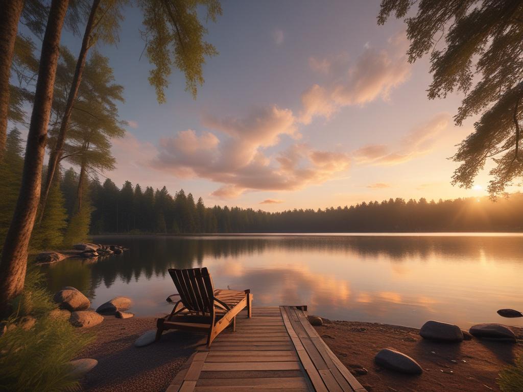 **Prompt for AI Image Generator:**

Create a highly realistic, high-resolution photo that embodies the essence of relaxation and retreat at LakeLuxe Escapes. The composition should be simple and clear, focusing on one serene subject: a cozy, luxurious hammock gently swaying between two tall, leafy trees by the sparkling lake. The hammock should be inviting, made of soft, natural fabrics in gentle earth tones. 

In the background, depict a tranquil lake reflecting the sky at twilight, with soft hues of pink 
