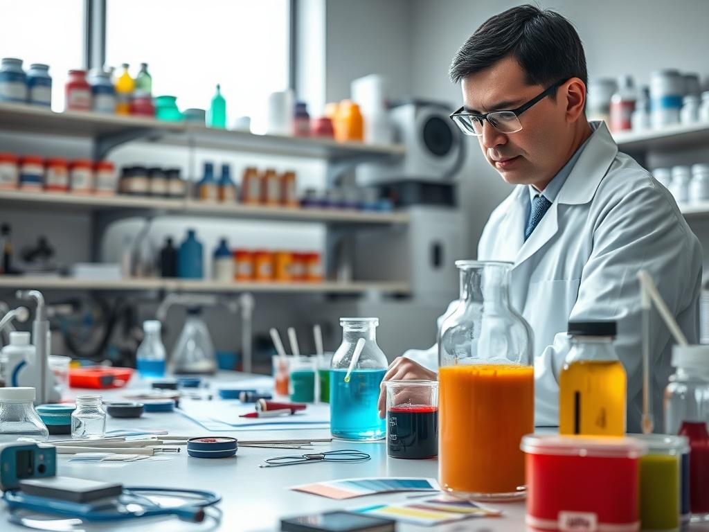 Create a realistic high-resolution photo featuring a scientist in a lab coat, focused intently on formulating paint in a well-lit, modern laboratory setting. The scientist, who is a middle-aged man with glasses and short black hair, stands at a workbench laden with various paint samples and high-tech equipment, showcasing the meticulous R&D process. 

In the foreground, prominently display a clear glass beaker filled with vibrant, freshly mixed paint, dripping slightly from the edge, emphasizing the creativ