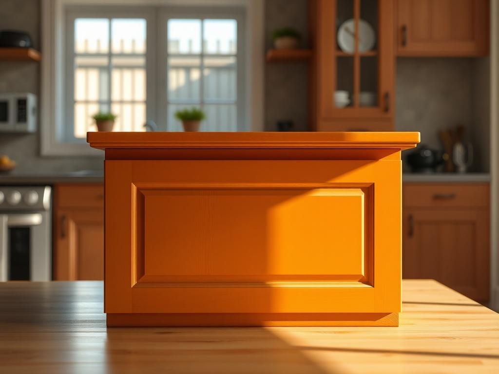 Create a realistic high-resolution photo featuring a single subject of a beautifully painted wooden cabinet, demonstrating the impressive results of enamel paint. The cabinet should be prominently displayed in the center of the image, showcasing a rich, glossy finish that highlights the smooth coverage and vibrant color. To reflect the qualities of enamel paint, ensure the surface is clean, well-lit, and exhibits a slight sheen.

In the background, incorporate a softly blurred kitchen setting that subtly hi