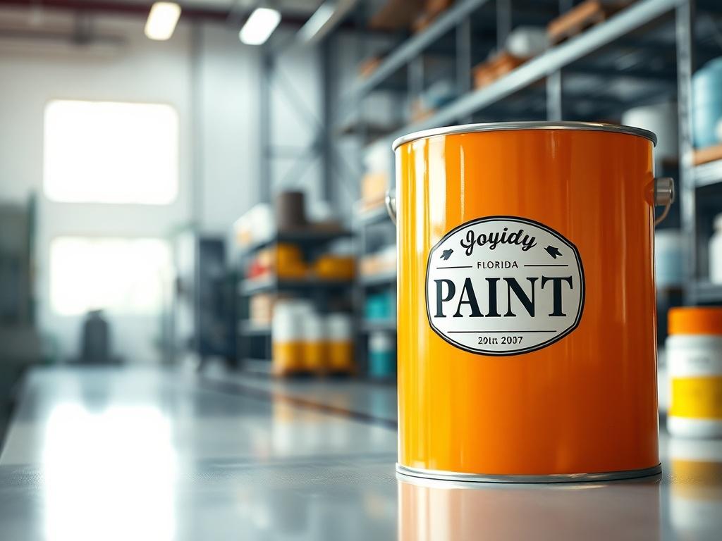 **Prompt for AI Image Generator:**

Create a realistic high-resolution photo of a paint manufacturing facility in Florida, focusing on a single, prominent paint can. The paint can should be positioned in the foreground, showcasing its vibrant color and glossy finish, reflecting the light beautifully. The label on the paint can should evoke a local feel without any text, hinting at quality and craftsmanship typical of Florida-based manufacturers. 

The background should feature a clean, well-organized manufa