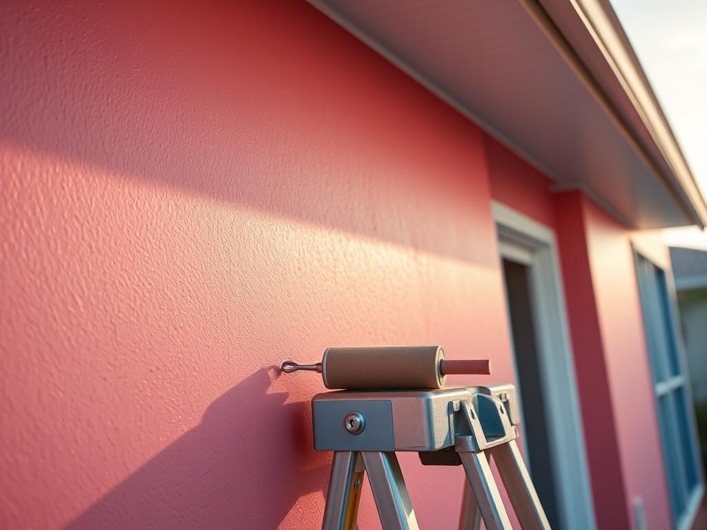 Create a realistic high-resolution image that reflects the theme of the blog titled "Why Some HOA Paint Jobs in Ft. Lauderdale Last 3 Years—Others Last 10." The composition should be simple and clear, featuring a close-up shot of a freshly painted exterior wall in a residential community in Fort Lauderdale. 

The subject matter should focus on the texture and finish of the paint, showcasing a vibrant and glossy surface that highlights the quality of the paint job. Include subtle signs of prep work, such as 