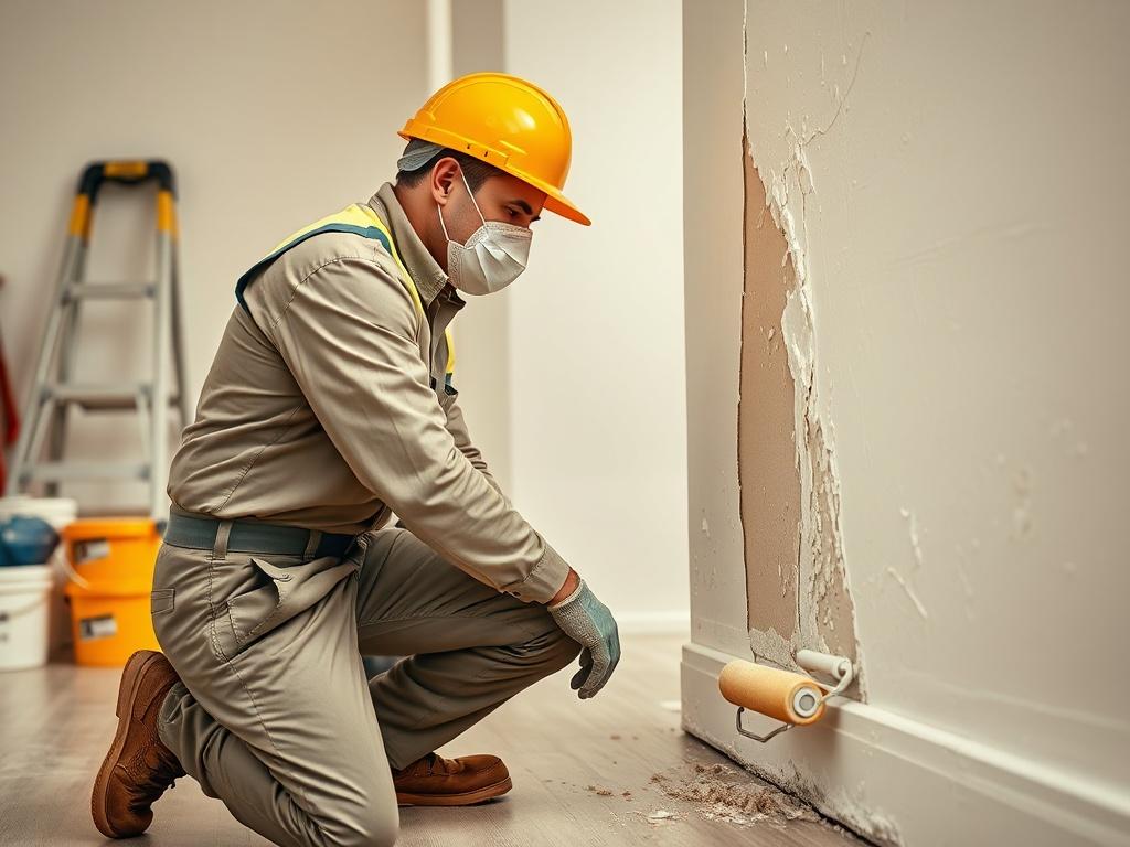 **Prompt for AI Image Generator:**

Create a realistic high-resolution photo that illustrates the careful and meticulous work of a professional paint contractor addressing blistering on a wall. The image should feature a skilled contractor, a lone subject, kneeling down next to a blistered wall, intently inspecting the problem area. The contractor should wear a standard work uniform, complete with a safety mask and gloves, showcasing their professionalism. 

In the background, include a worksite atmosphere 