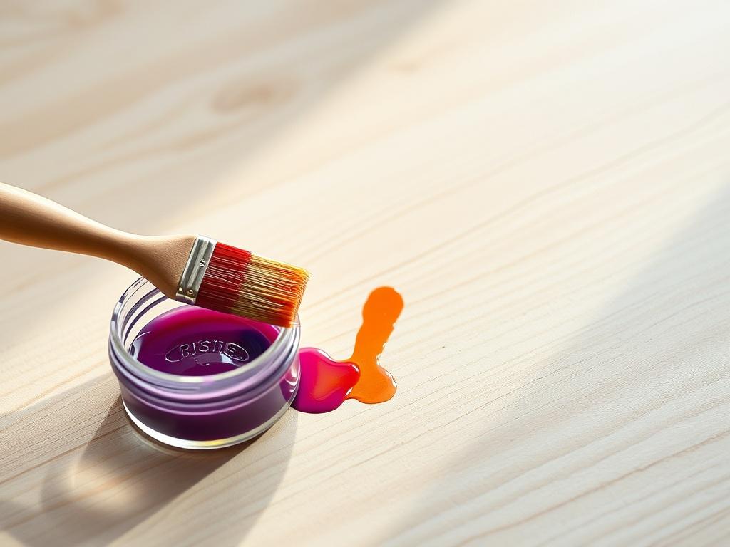 Create a realistic high-resolution photo that visually represents a step-by-step beginner-friendly guide on using enamel paint. The composition should focus on a solitary paintbrush dipped in a vibrant enamel paint, showcasing the glossy texture and rich color. The background should be a lightly textured wooden surface, hinting at a work table or studio environment, with soft, natural lighting illuminating the scene. 

Ensure the paintbrush is the central subject, positioned slightly off-center to convey mo