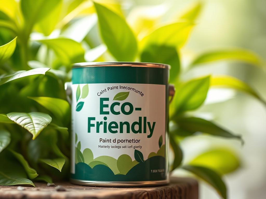A close-up shot of a paint can labeled 'Eco-Friendly' with a lush green plant in the background, symbolizing sustainability. The focus should be on the paint can, showcasing its natural composition. The image should be captured using a 45mm f/1.2 lens style to highlight the rich colors and details of the can against the soft, blurred background.