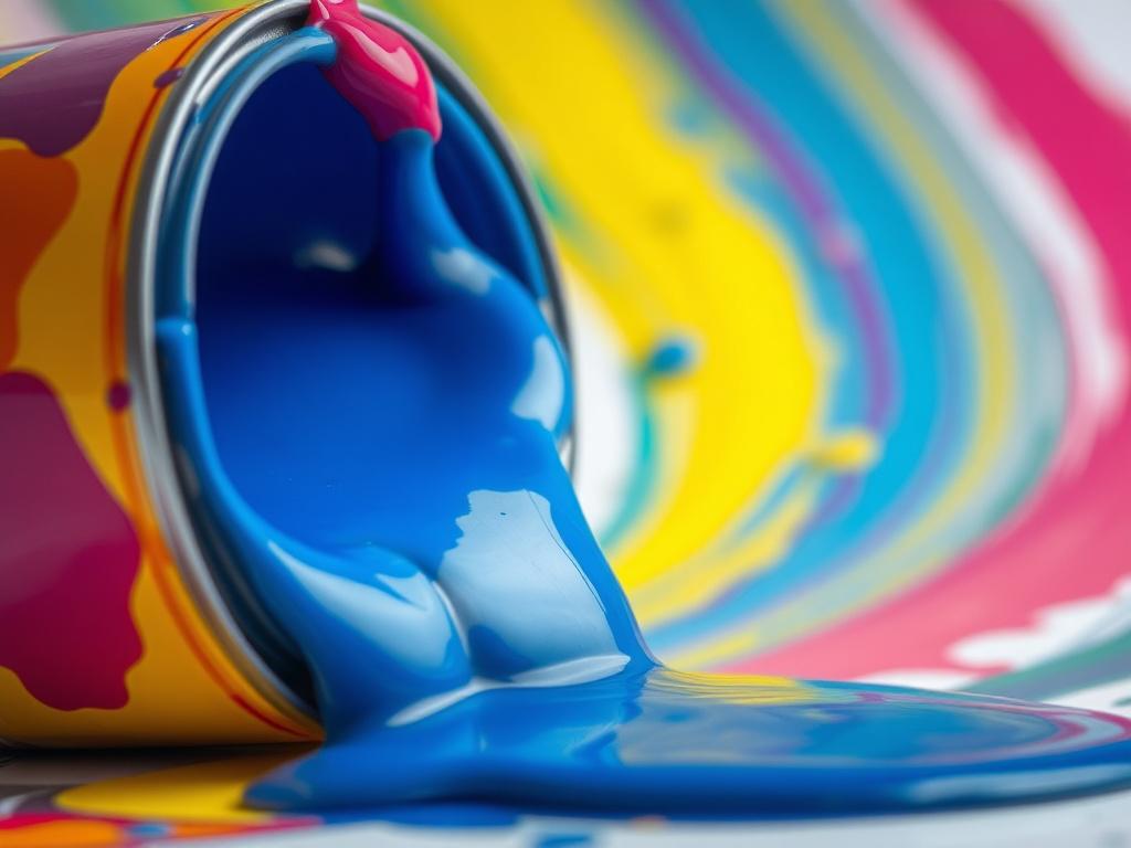 A close-up shot of a vibrant paint can with a splash of paint pouring out, showcasing rich colors. The background is softly blurred to focus on the paint can, emphasizing the texture and quality of the paint. The image should be shot with a 45mm f/1.2 lens style, highlighting the details and richness of the paint's color.