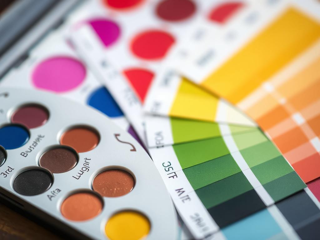 A close-up shot of a color matching palette with various swatches spread out, showcasing a range of vibrant colors. The background should be softly blurred to emphasize the palette and swatches, highlighting the variety and richness of the colors available. The image should be captured with a 45mm f/1.2 lens style to enhance the details.