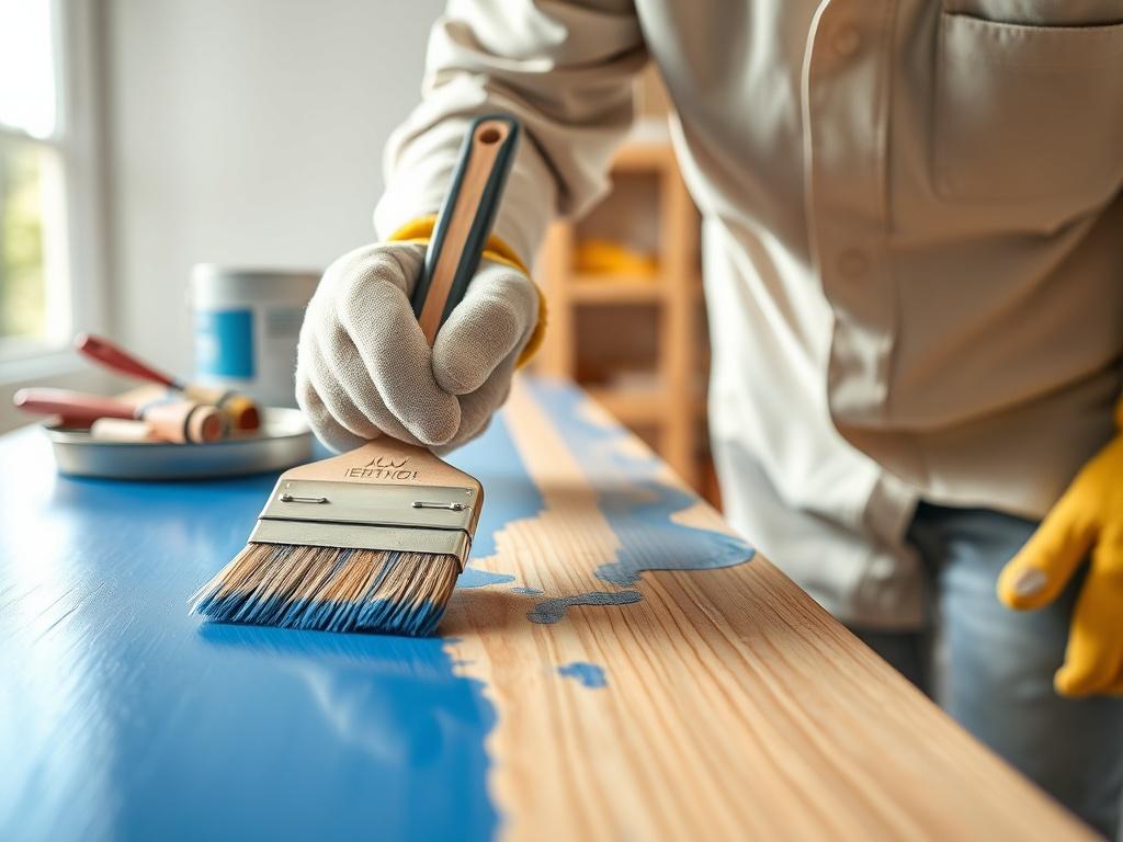 Create a realistic high-resolution image of a skilled painter applying acrylic enamel paint to a wooden surface, capturing the essence of professionalism. The painter, wearing a clean, light-colored shirt and safety gloves, should be focused on carefully using a high-quality brush to apply a thin, even coat of vibrant blue enamel paint. The composition should be close-up, highlighting the intricate details of the brush strokes and the smooth texture of the freshly painted surface. 

In the background, inclu