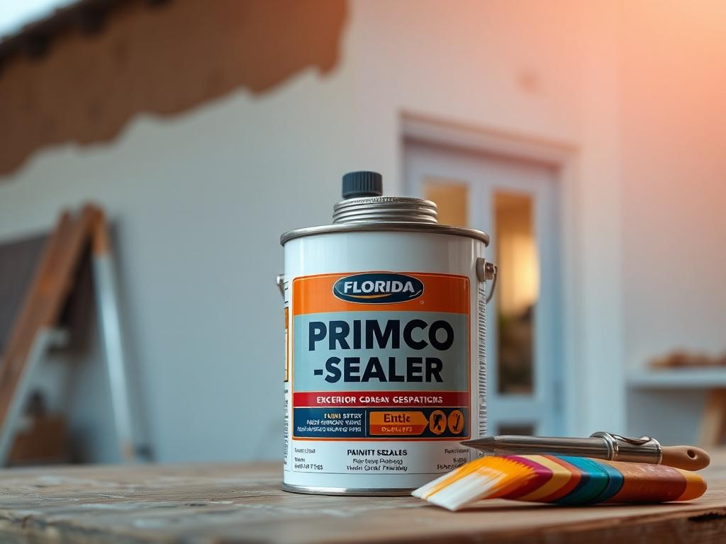 Create a realistic high-resolution photo featuring a close-up shot of a high-quality stucco primer-sealer canister resting on a workbench. The canister should be prominently displayed in the foreground, showcasing its label clearly without any text or branding that detracts from the primary subject. In the background, subtly faded elements of a Florida home exterior can be seen, such as a partially stuccoed wall, a paintbrush with vibrant colors, and faint hints of humidity reflected in the air, creating a 