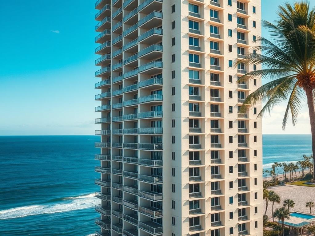 Create a realistic high-resolution image showcasing a single high-rise condominium building located on the coast of Palm Beach, Florida. Focus on the exterior of the building, emphasizing the need for a paint job due to signs of wear and tear, such as faded paint and salt damage. The subject should dominate the composition, with a simple and clear view from a slight angle that captures the architectural details and the ocean backdrop.

In the background, depict a vibrant blue ocean reflecting the sky, along