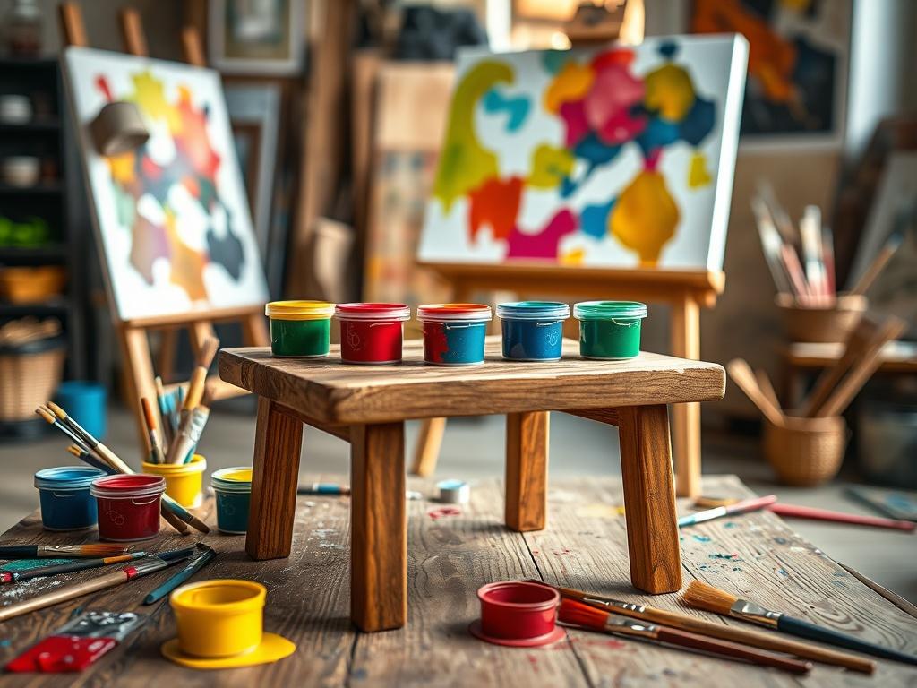 Create a realistic high-resolution image capturing a single small wooden table in an artist's studio, showcasing its surface adorned with various containers of leftover paint in vibrant colors. The table should be positioned centrally, emphasizing the textures of the wood and the vivid hues of the paint. Surround the table with paintbrushes, some partially dipped in the paint and others resting next to their containers, hinting at recent creative activity.

In the background, softly blurred, include a well-