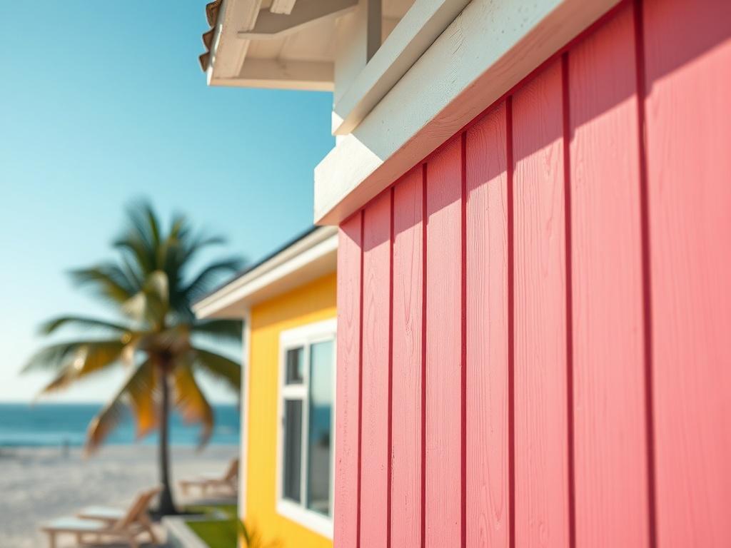 **Image Generation Prompt:**

Create a realistic high-resolution photo of a newly painted exterior wall of a tropical beach house. The focus should be on a vibrant, thick coat of marine-grade paint that shows no signs of wear despite exposure to salty air and intense sunlight. Use a close-up shot, capturing the texture and sheen of the coating, emphasizing its durability and resistance to decay caused by humidity.

In the background, include soft-focus elements that evoke a tropical atmosphere, such as dist