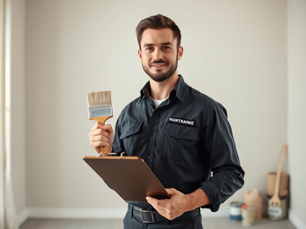 Create a realistic high-resolution photograph focusing on a single subject: a professional painting contractor standing confidently with a paintbrush and a clipboard in hand. Position him in a well-lit, clean space that resembles a stylish, freshly painted room. The walls should be a soft, inviting color to reflect the expertise of the contractor. 

In the background, include subtle hints of freshly painted surfaces and a few paint cans in neutral tones to add context without distracting from the main subje