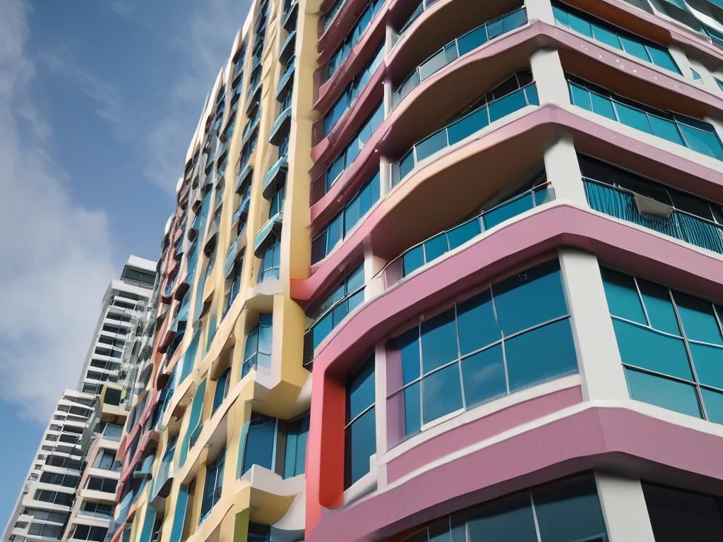 Create a realistic high-resolution photo capturing a sleek, modern high-rise building in Fort Lauderdale, showcasing its exterior coat of vibrant, weather-resistant paint specifically designed to protect against salt and sun damage. The subject is the high-rise building, framed prominently in the foreground to highlight its polished finish and attention to detail in the paint application. 
The shot should focus on a close-up view of the building's facade, allowing the viewer to appreciate the texture and s