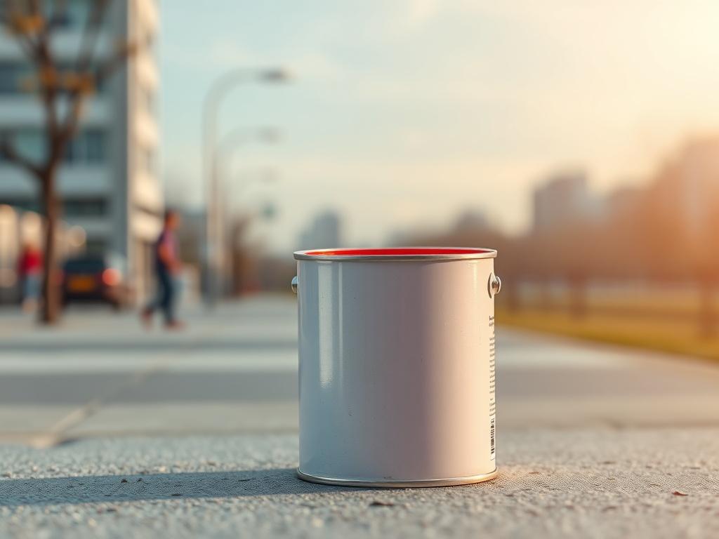 **Prompt for AI Image Generator:**

Create a realistic, high-resolution photo of a single can of recycled paint, prominently placed in the center of the composition. The can should be slightly opened, showcasing the vibrant color inside, which can represent budget-friendly hues created from waste paint. Use a close-up angle shot reminiscent of a 45mm f/1.2 lens, emphasizing the texture and glossy finish of the paint to draw the viewer's eye to the details.

The background should be a subtle, blurred depicti