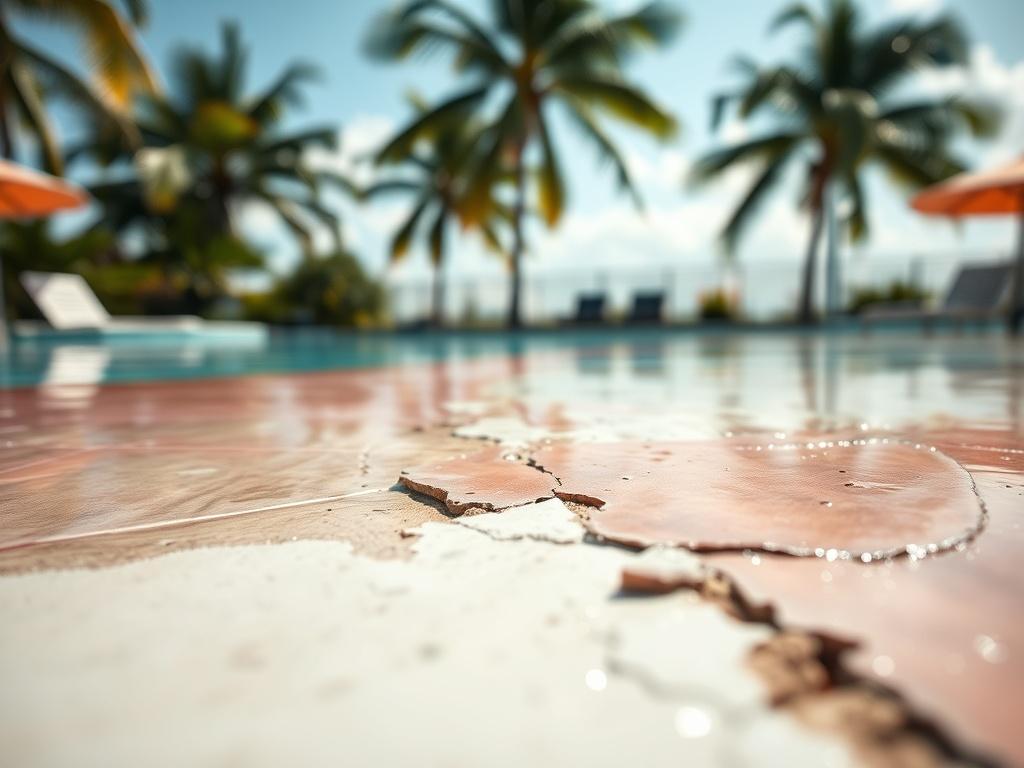 Create a realistic high-resolution photo that captures the essence of a pool deck in South Florida, focusing on the wear and tear of paint under harsh conditions. The composition should prominently feature a close-up of a painted pool deck with visible peeling areas, illustrating the effects of moisture, chlorine, and heat. The subject should be the stark contrast between the intact and peeling paint, emphasizing the durability of high-quality coatings.

In the background, showcase a blurred out view of a b