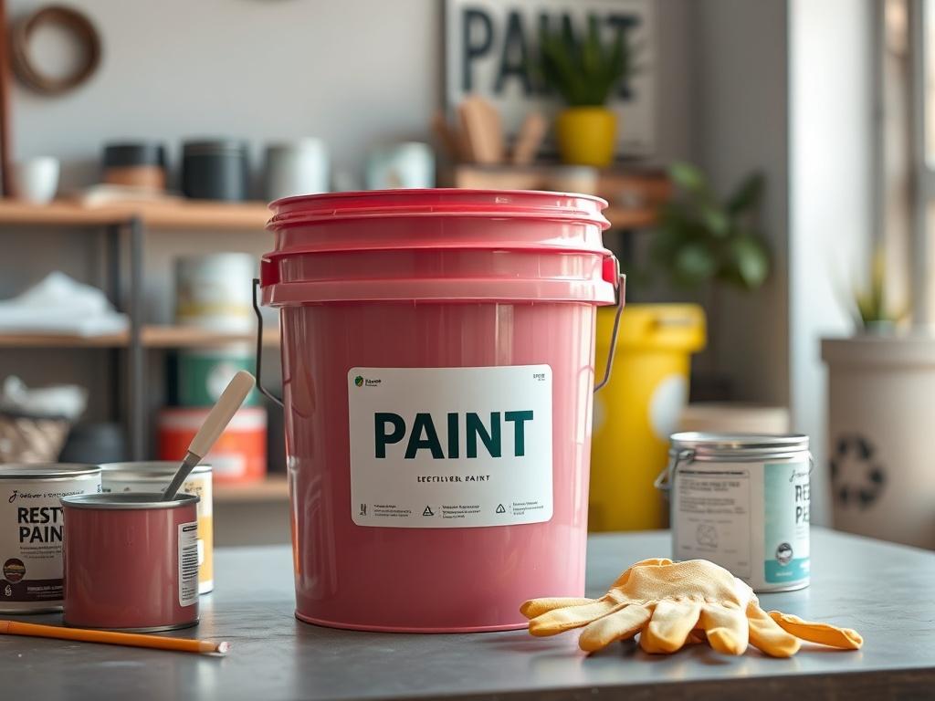 **Prompt for AI Image Generator:**

Create a realistic high-resolution photo that visually represents the concept of recycling paint safely. The image should feature a single subject: a clean, well-organized workspace that highlights a five-gallon bucket of leftover paint with a label clearly displaying its color. 

In the foreground, display the bucket prominently, tilting slightly to show the paint inside, glistening under soft natural light. Surround the bucket with essential recycling tools—such as pain