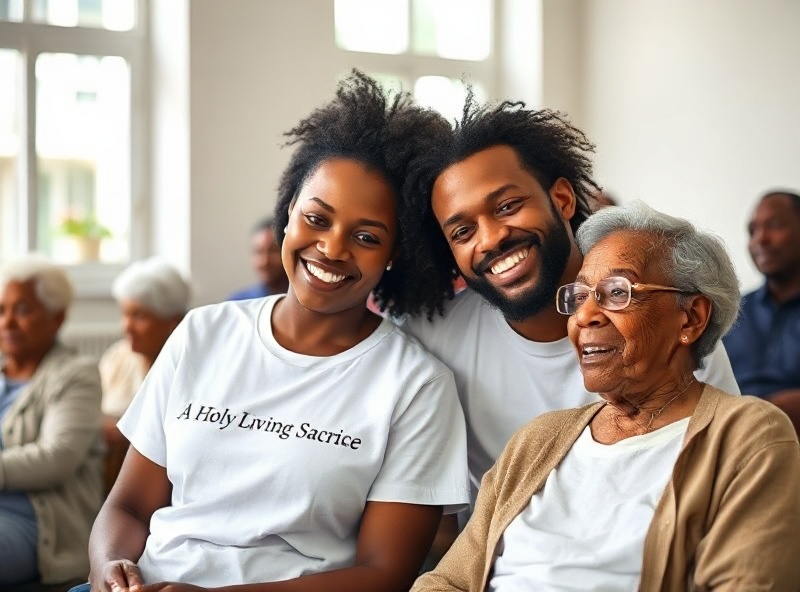 A Black woman and man volunteers wearing white t-shirts with text 'A Holy Living Sacrifice; Sacred Moves Dance Company Inc.' helping elderly senior citizens with care in a community setting