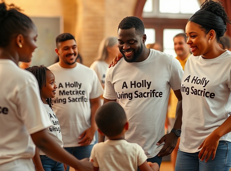 A Black man and woman volunteers wearing white t-shirts with text 'A Holy Living Sacrifice; Sacred Moves Dance Company Inc.' engaging with children and middle-aged community members
