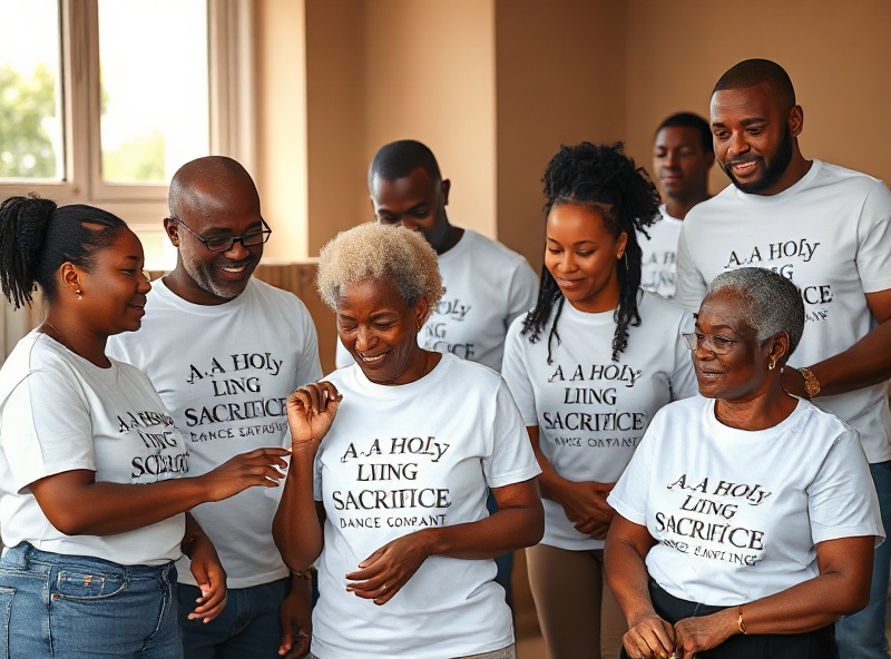 A diverse group of Black men and women volunteers wearing white t-shirts with 'A Holy Living Sacrifice; Sacred Moves Dance Company Inc.' working together to serve elderly seniors, children, and middle-aged community members