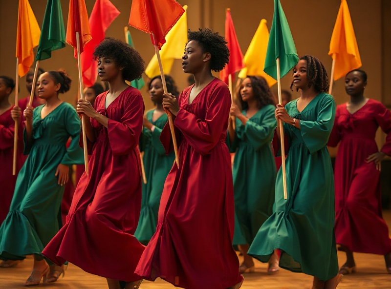 Teenage Black girls and boys in flowing, fully covered praise dance robes with long sleeves and ankle-length hems, holding colorful worship flags in synchronized sacred movement