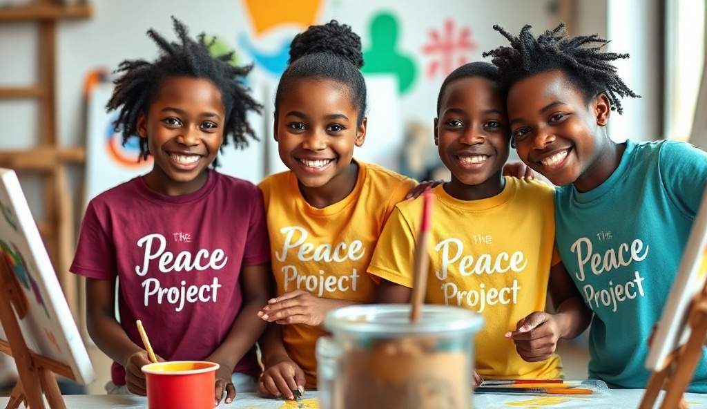 Black children in different colored Peace Project t-shirts engaged in painting and creative expression together
