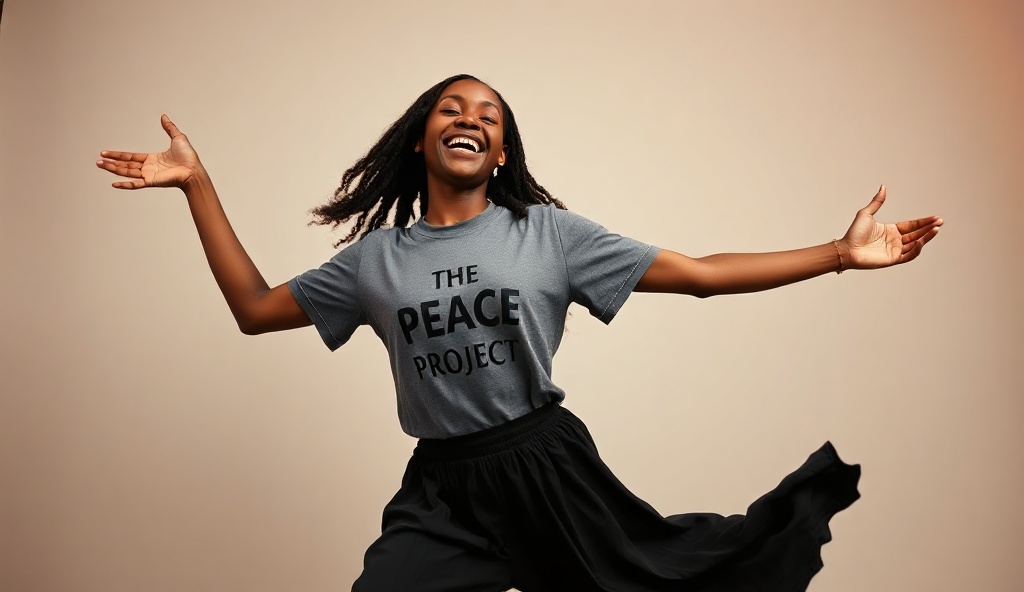 Teenage girl in The Peace Project t-shirt and black pants expressing joy through praise dance and worship movement