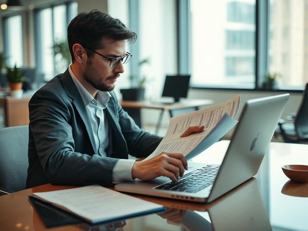 Un contador revisando cuidadosamente documentos financieros en una mesa de oficina, con una calculadora y una laptop abierta. El fondo es un ambiente de oficina moderno, con luz natural que entra por una ventana. La imagen está enfocada en el contador, mostrando su concentración y profesionalismo. La paleta de colores incluye el color primario #062767 en detalles de la oficina.