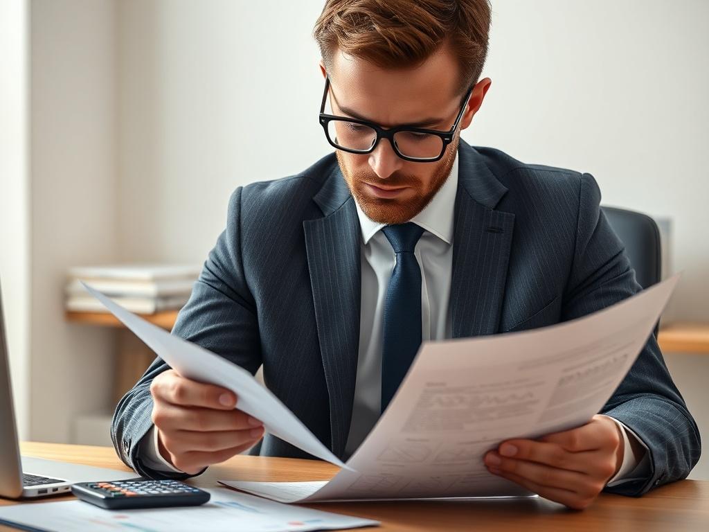 Un contador profesional revisando documentos fiscales en su oficina. Se enfoca en una hoja de papel con gráficos y números, mientras el contador lleva gafas y tiene una expresión concentrada. El fondo es minimalista y desordenado, con una mesa de trabajo bien organizada que muestra una computadora portátil y una calculadora. La iluminación es suave, resaltando al contador y los documentos. La imagen debe tener un estilo hiperrealista, capturada con un lente de 45mm f/1.2.