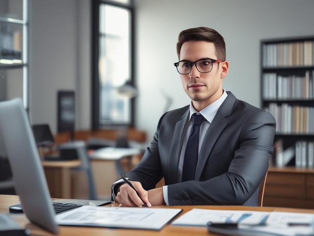 Create a realistic high-resolution close-up photo, shot with a 45mm f/1.2 lens style, featuring a single subject: a professional accountant’s hands working meticulously at a wooden desk. The hands are holding a pen, carefully reviewing detailed financial documents and spreadsheets with visible numbers and charts, illustrating precise accounting work. On the desk, include an open laptop displaying financial data, a calculator in use, and neatly organized paperwork. The background is softly blurred, featuring