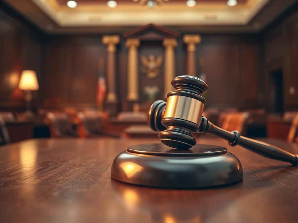 Close-up shot of a judge's gavel resting on a polished wooden desk, with a blurred background of a courtroom setting. The gavel is prominently displayed in the foreground, emphasizing its texture and details. The lighting is warm and inviting, creating a professional atmosphere. The color scheme should harmonize with the #062767 primary color, enhancing the overall aesthetic of the image.