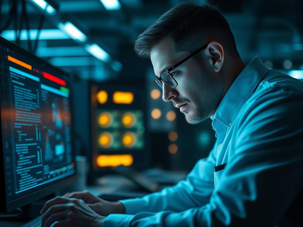 A focused close up of a cybersecurity expert analyzing data