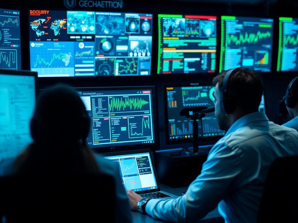 A close up of a security operations center, with professionals