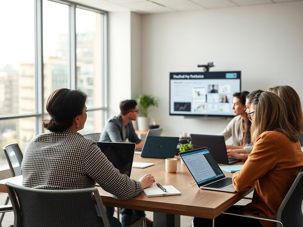 A close-up shot of a diverse team engaged in a feedback session, sitting around a modern conference table with laptops and notebooks. The setting is bright and professional, showcasing a collaborative atmosphere. One team member is presenting insights on a screen, while others are taking notes and discussing. The background features a large window with natural light streaming in, creating an inviting and productive environment.
