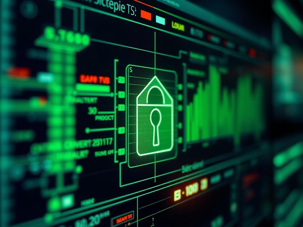 A hyper-realistic close-up of a modern digital firewall interface, showcasing intricate graphics and data flow. The background is blurred to emphasize the firewall controls and settings. The image should highlight the dynamic nature of cybersecurity with glowing elements representing data packets and security protocols. The color scheme should include shades of green to align with the primary color rgb(50, 170, 39). The focus should be sharp on the firewall interface, creating a sense of depth and technolog
