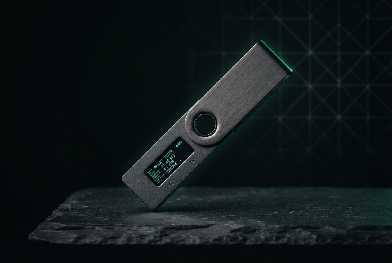 Dark graphite hardware wallet photographed with subtle green edge lighting