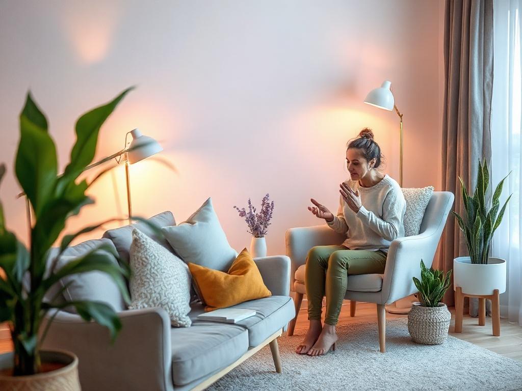 A comforting coaching environment featuring a cozy chair and soft cushions, with warm lighting and calming decor. A person engaged in a supportive coaching session, expressing vulnerability and hope, surrounded by gentle colors, plants, and a sense of safety, representing the journey of trauma-informed healing and empowerment.