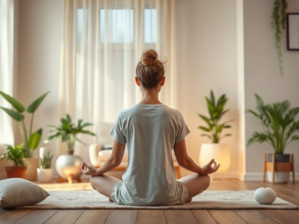 A serene setting for mindfulness counseling, featuring a calm, inviting therapist's office with soft lighting, comfortable seating, and plants for a peaceful atmosphere. A person seated in meditation, reflecting a sense of calm and inner peace, surrounded by gentle colors and natural elements, evoking a sense of tranquility and focus on personal growth.