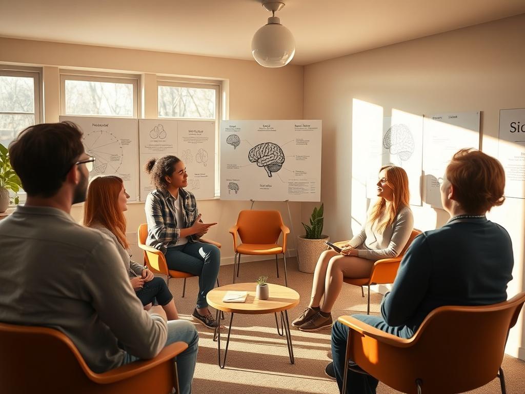 A warm, inviting classroom setting with a coach explaining neuroscience concepts to a small group of attentive clients. The room is filled with visual aids like diagrams of the brain. Soft, natural light filters through the windows, creating a conducive learning environment.