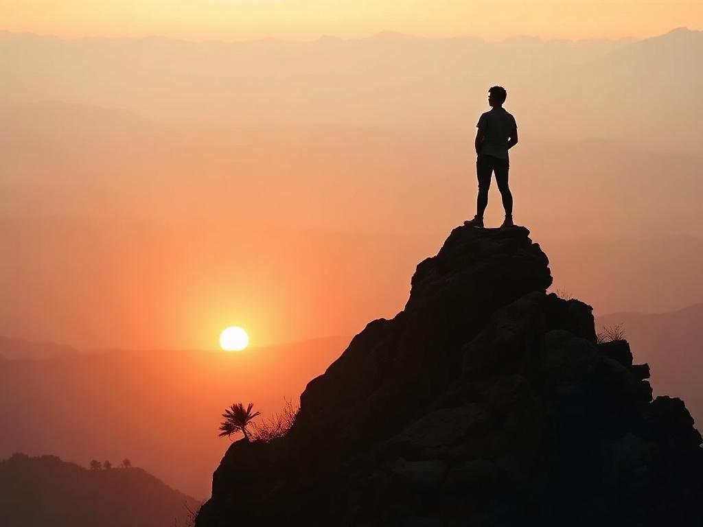 A serene, high-resolution image of a person standing on a mountaintop, looking out over a vast landscape during sunrise. The scene conveys a sense of empowerment and personal growth, with soft tones and gentle lighting creating a peaceful atmosphere.