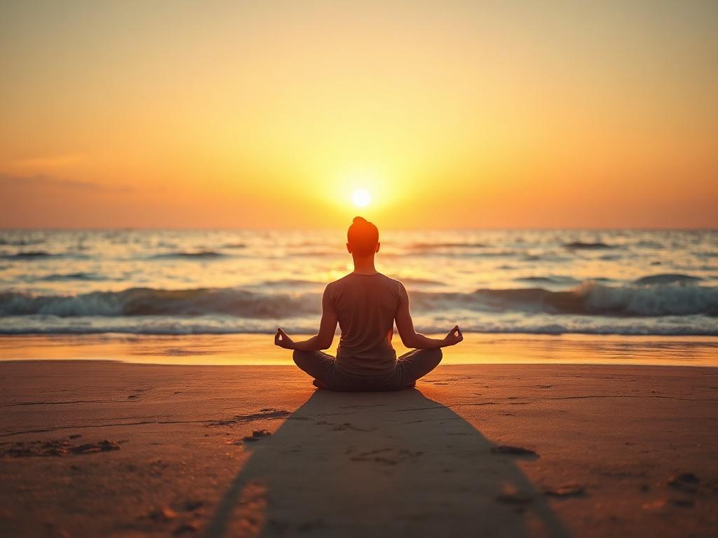 A calming, high-resolution image of a person sitting cross-legged on a beach at sunset, practicing mindfulness meditation. The warm colors of the sunset and the tranquil ocean waves create a peaceful ambiance, evoking a sense of calm and introspection.