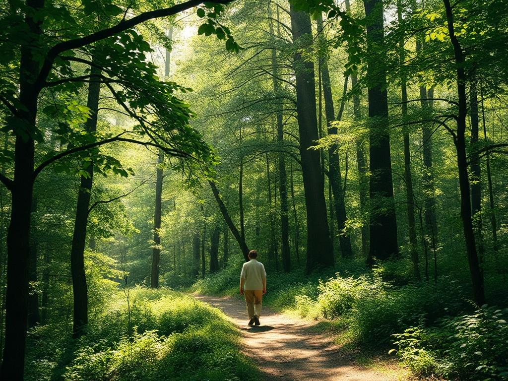 A hopeful, high-resolution image of a person walking through a lush green forest, symbolizing healing and transformation. The dappled sunlight filtering through the trees creates a serene and uplifting atmosphere, representing the journey towards resilience.