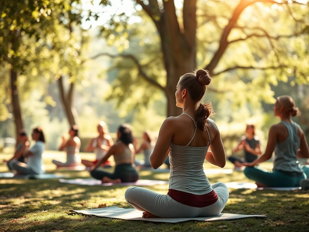 A tranquil nature scene showcasing individuals practicing yoga and meditation in a serene outdoor setting. Soft sunlight filters through trees, creating a peaceful ambiance. The focus is on a diverse group of participants engaged in mindfulness activities.