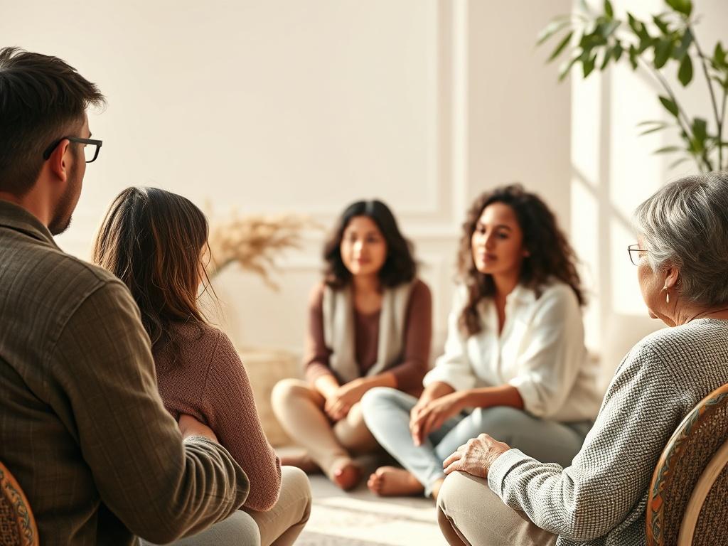 A serene setting with a small group of people engaged in a personal growth workshop. Soft lighting, gentle colors, and a peaceful atmosphere. The focus is on a facilitator leading a discussion, with participants appearing engaged and thoughtful.