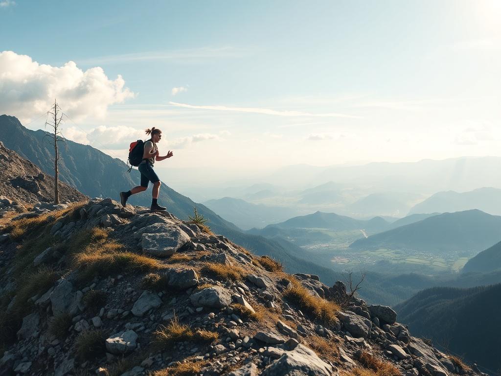 Create a realistic, high-resolution image of a person confidently climbing a mountain trail, with a beautiful landscape of valleys and skies in the background. The scene captures determination and progress, reflecting the journey toward achieving personal goals.