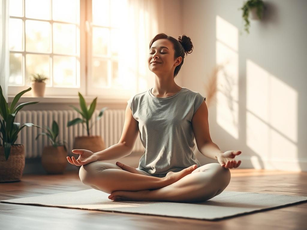 A serene meditation space featuring a single person sitting cross-legged on a soft mat, eyes closed in deep concentration. Gentle sunlight filters through a window, casting a warm glow. The room is adorned with calming plants and soft, muted colors, creating a peaceful atmosphere. The focus is on the person's expression of tranquility and inner peace.